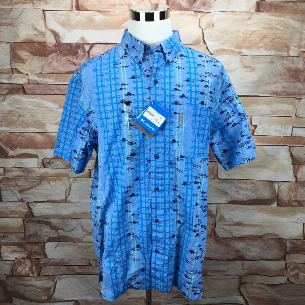 New Columbia XL PFG Vented Blue Fish Print Shirt